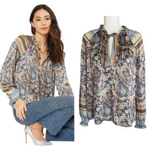 Anthropologie Current Air Floral Paisley Border Print Tie Ruffle Neck Blouse - S